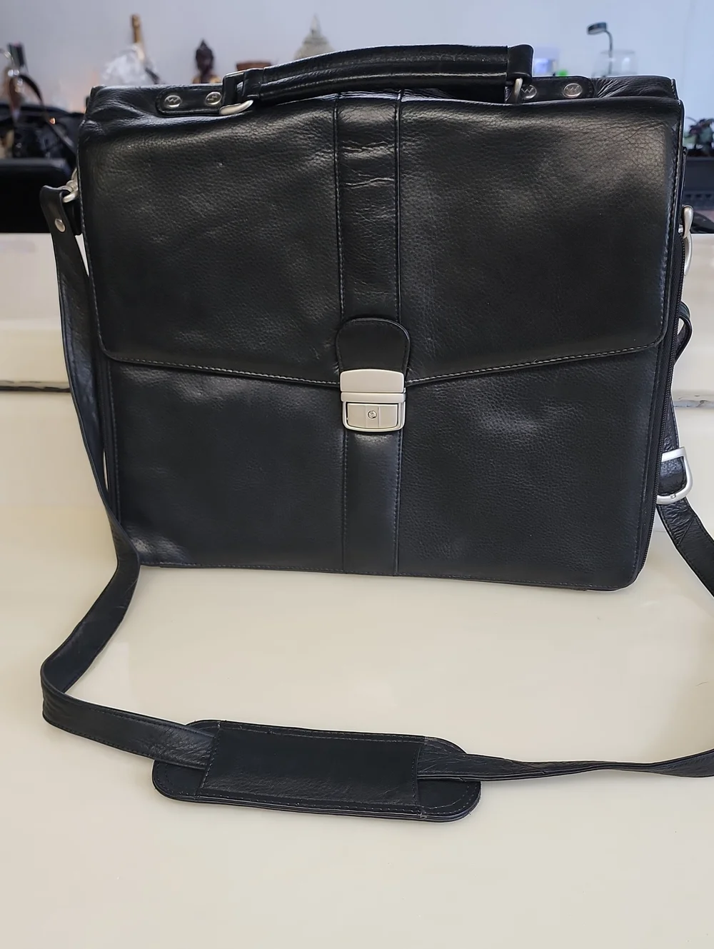 Pelle Studio Black Leather Briefcase with Silver Lock